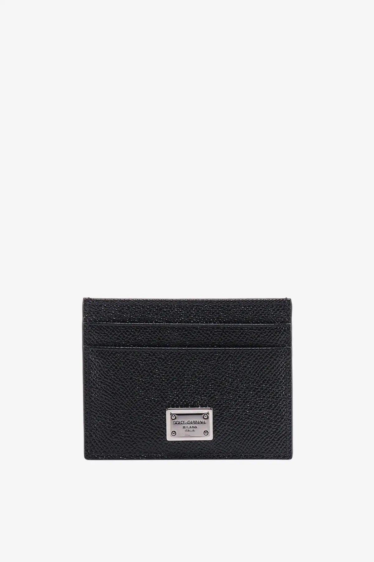Dolce &amp; Gabbana men’s black leather card holder with textured finish and silver metal logo plaque