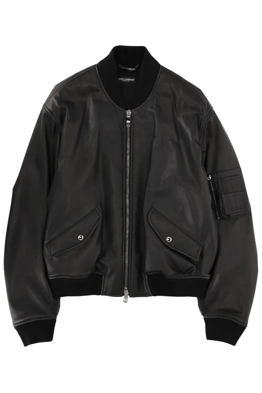 Dolce &amp; Gabbana men’s black leather bomber jacket with ribbed cuffs collar front zipper and slanted pockets