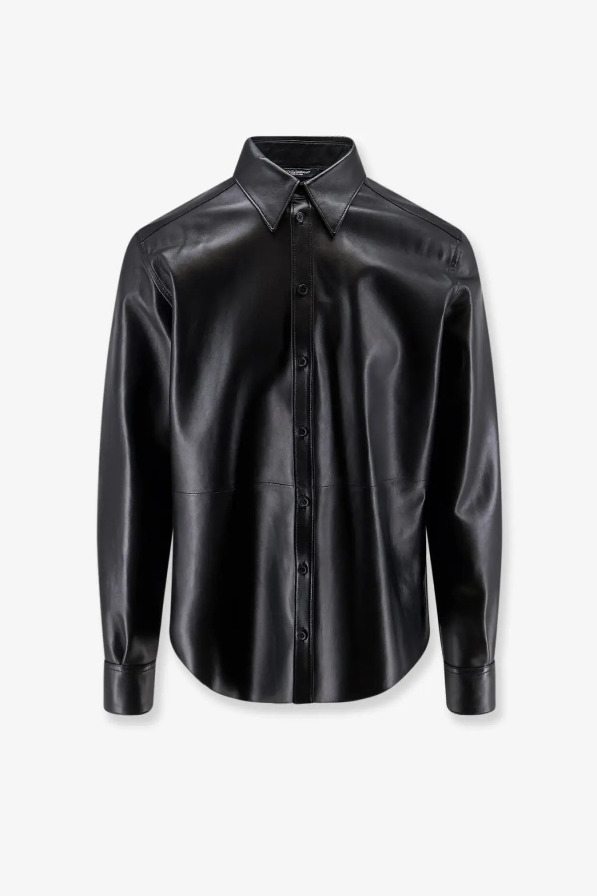 Dolce &amp; Gabbana men’s black leather button-up shirt jacket with classic collar and long sleeves