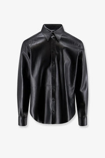 Dolce &amp; Gabbana men’s black leather button-up shirt jacket with classic collar and long sleeves