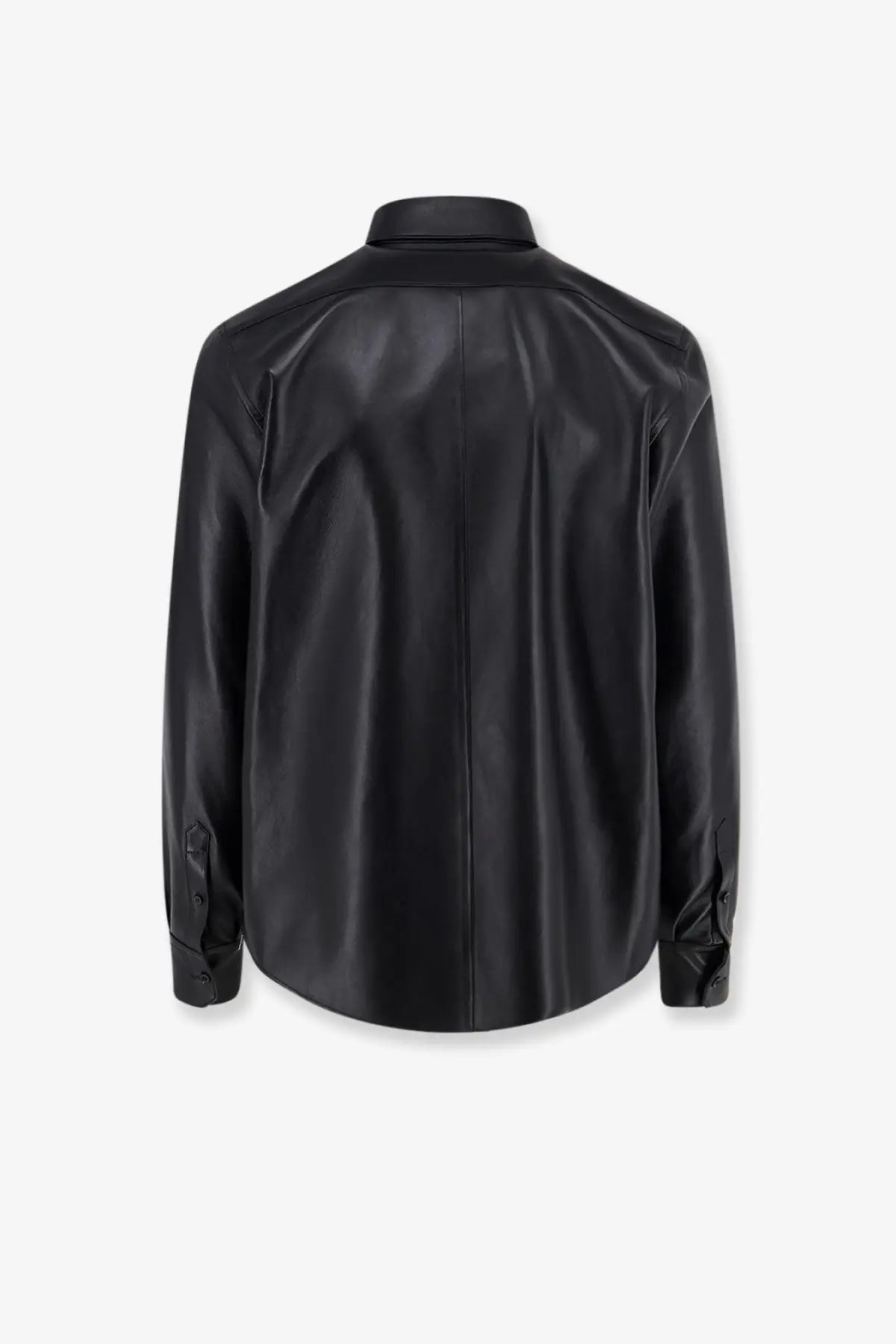 Dolce &amp; Gabbana men’s black faux leather button-up shirt jacket with sleek glossy finish and classic collar