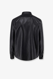 Dolce &amp; Gabbana men’s black faux leather button-up shirt jacket with sleek glossy finish and classic collar