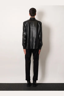 Dolce and Gabbana men’s black glossy faux leather shirt jacket with classic collar and long sleeves