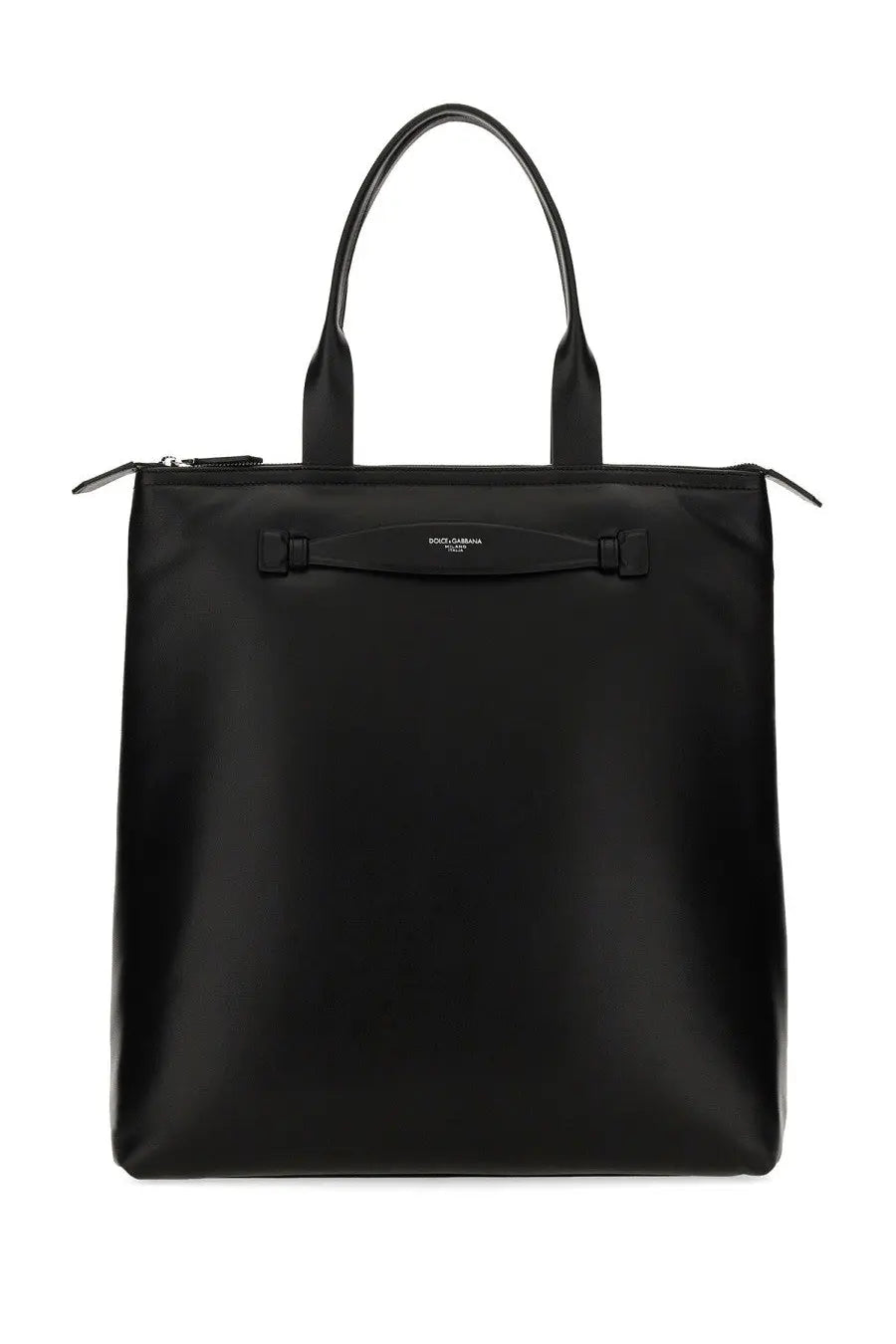 Dolce &amp; Gabbana men’s black leather tote bag with top handles and central strap detail for shopping use