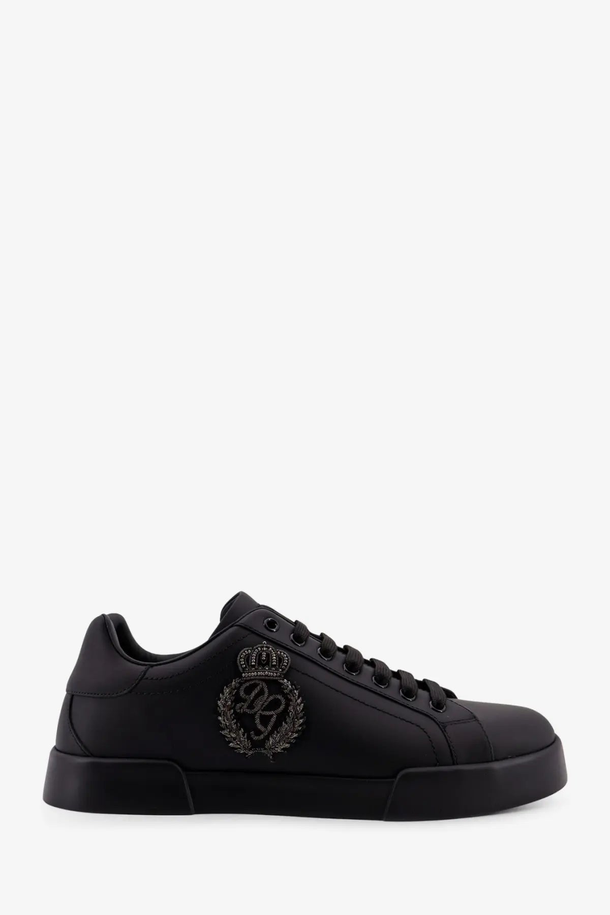Dolce &amp; Gabbana men’s black leather low-top sneaker with sparkling embroidered crown and laurel wreath logo on the side
