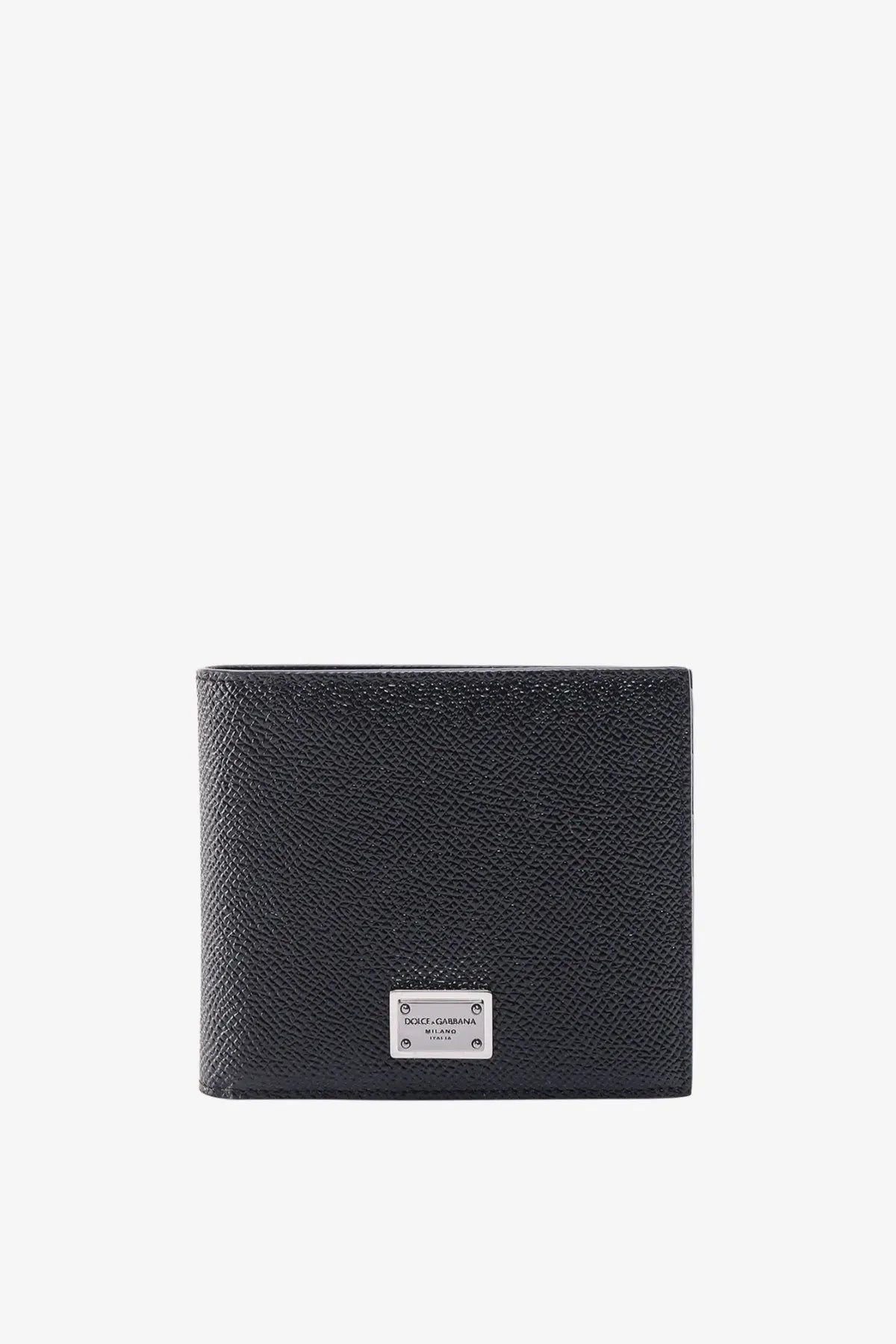 Black textured leather Dolce &amp; Gabbana men’s wallet with silver metal logo plaque visible on front side