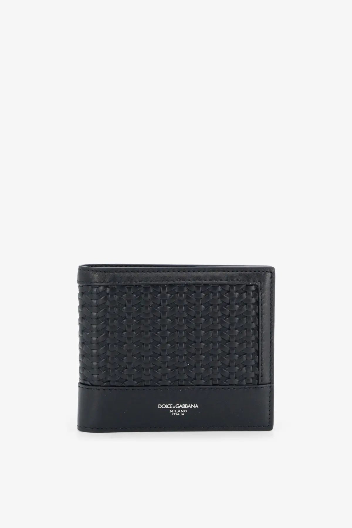 Dolce &amp; Gabbana men’s black woven leather wallet with sleek textured pattern and minimalist branding