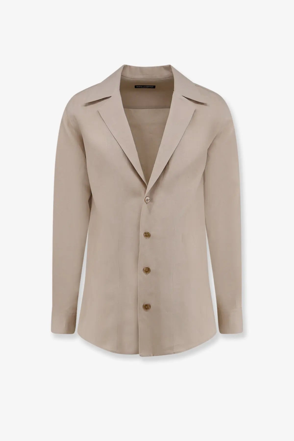Beige blazer with classic notched collar and matching buttons paired with dolce &amp; gabbana men’s red linen shirt