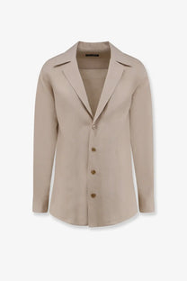 Beige blazer with classic notched collar and matching buttons paired with dolce &amp; gabbana men’s red linen shirt