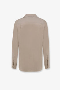 Beige dolce and gabbana men linen shirt with long sleeves classic collar and subtle back pleats shown from the back