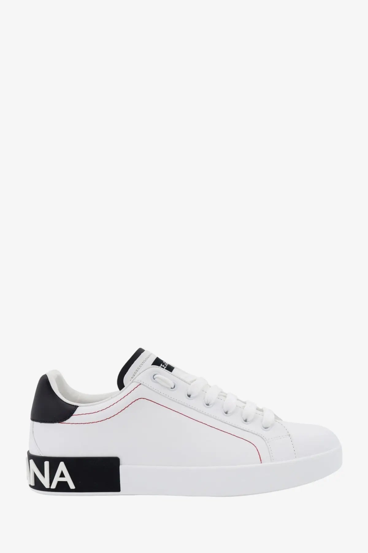 Dolce &amp; Gabbana men’s low top white leather sneakers with black heel tab sole branding and red stitching accents