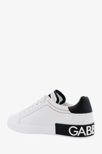 Dolce and gabbana men’s low top white leather sneakers with black heel tab and bold gabb branding on the midsole
