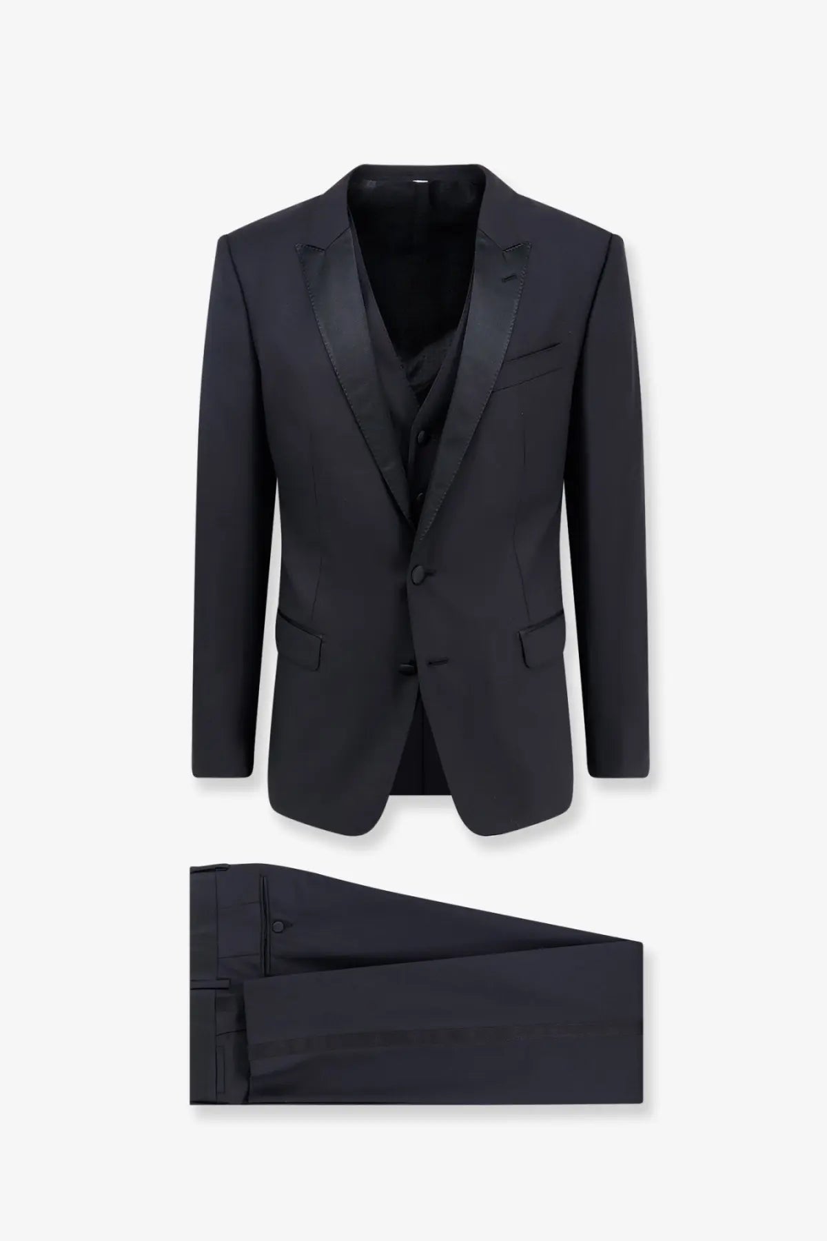 Dolce &amp; Gabbana men’s martini tuxedo black with black satin lapels and matching vest in a classic tuxedo suit design