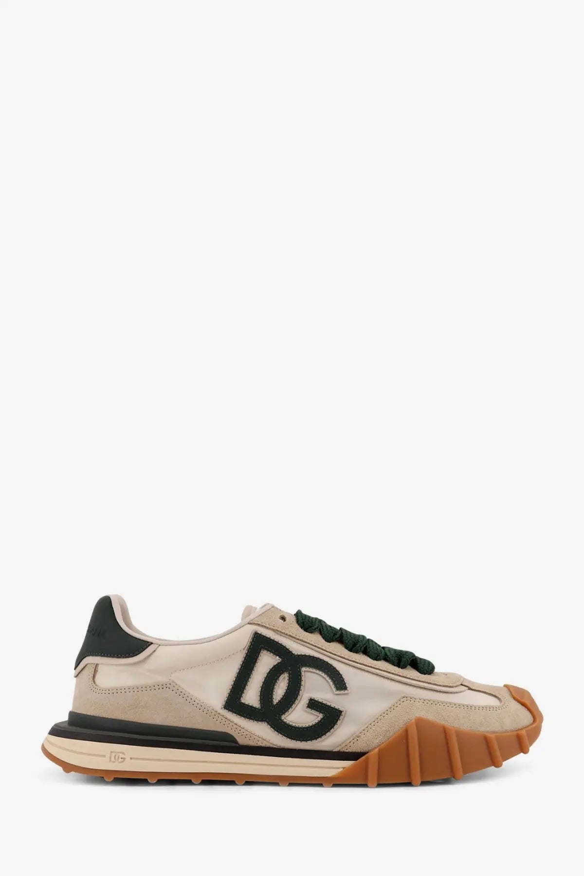 Dolce &amp; Gabbana men’s nylon sneakers in beige and black with green laces and gum-colored rubber sole
