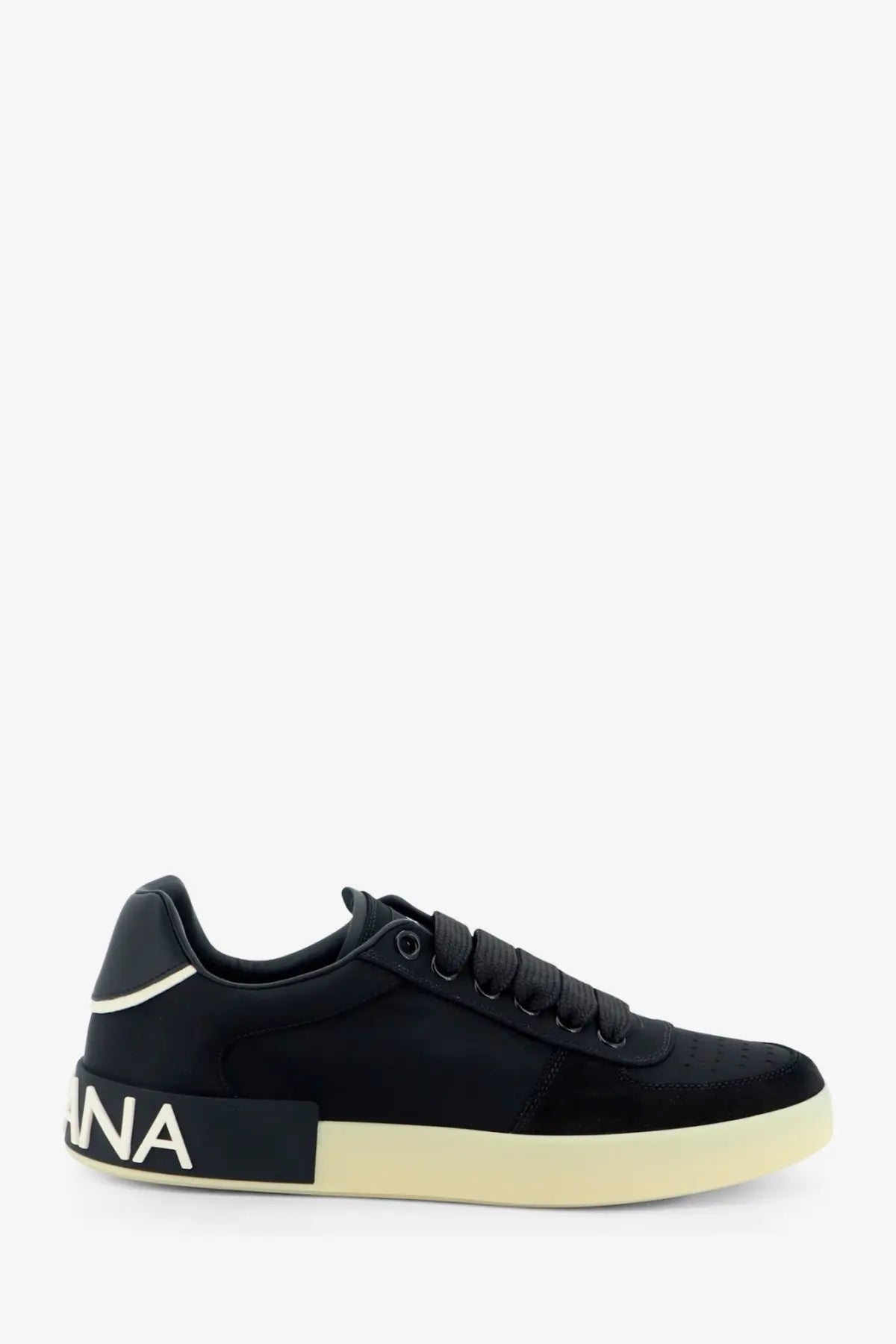 Black dolce &amp; gabbana men’s nylon and suede sneaker back with cream rubber sole and white branding on the heel
