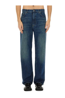 Dolce &amp; Gabbana men’s oversize dark blue denim jeans with straight-leg cut and faded wash front view