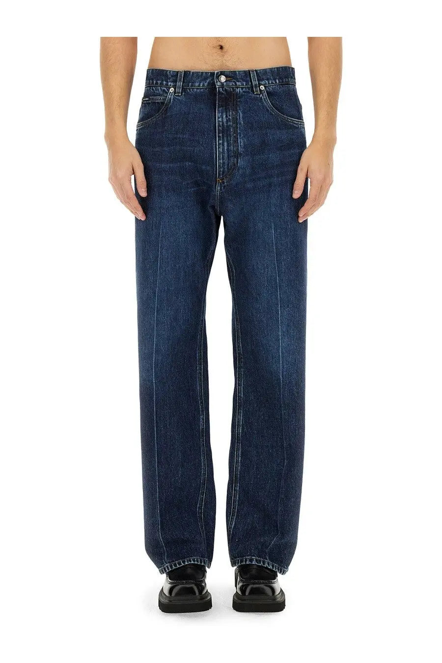 Dolce &amp; Gabbana men’s oversize dark indigo denim jeans with straight-leg cut and classic five-pocket design