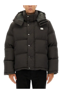Dolce &amp; Gabbana men’s black padded puffer jacket with high collar silver buttons and detachable hood with striped lining