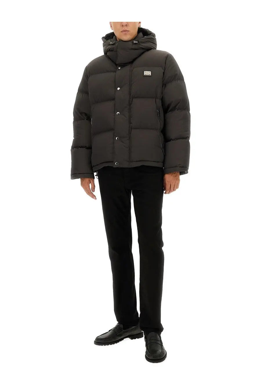 Dolce &amp; Gabbana men’s dark gray padded jacket with hood and silver-toned buttons in a warm puffer style