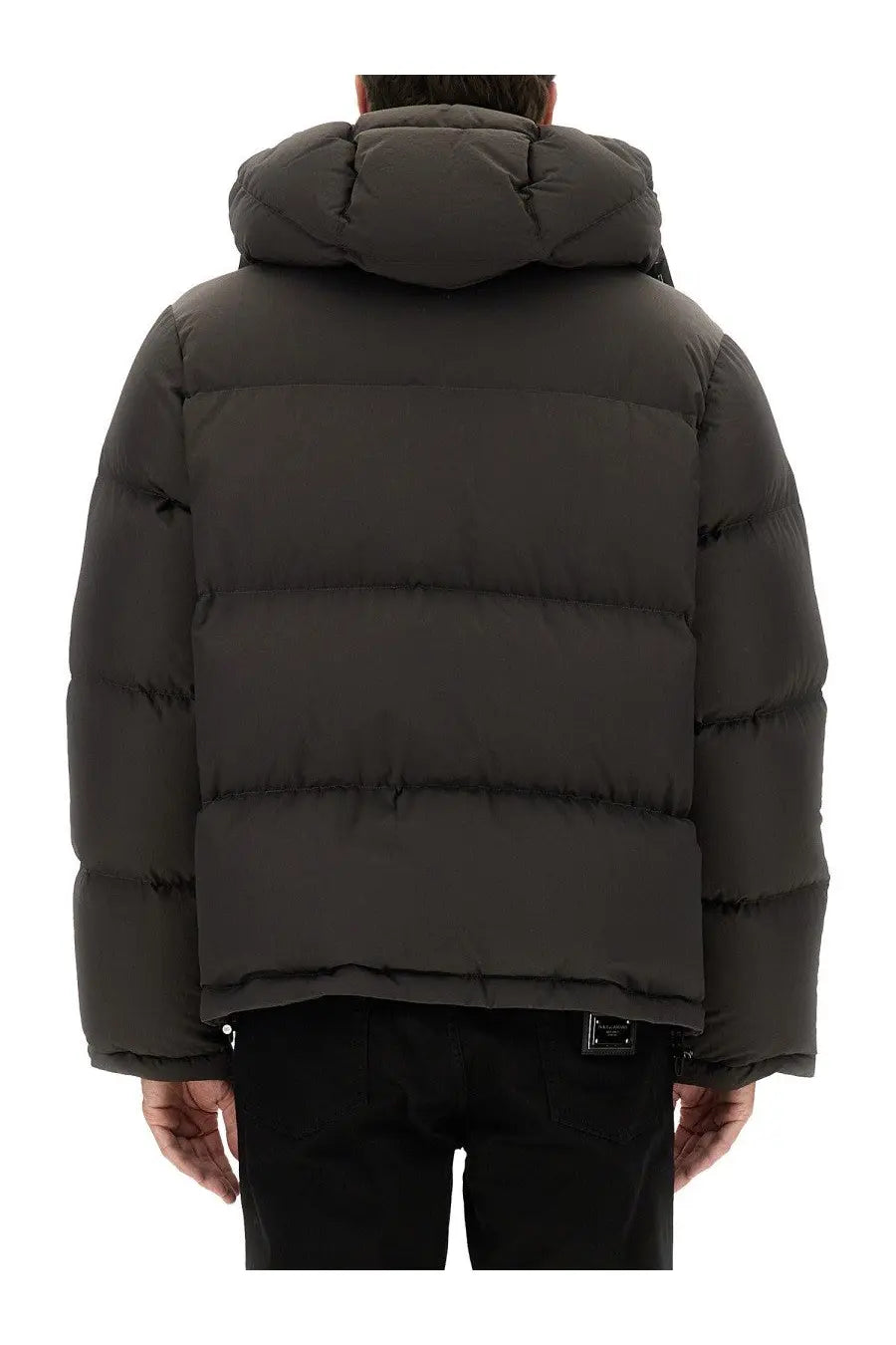 Dolce &amp; Gabbana men’s dark gray quilted puffer jacket with hood and horizontal stitching in padded design