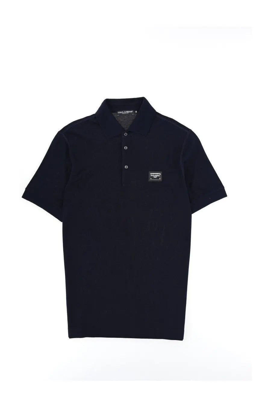 Dolce &amp; Gabbana men’s black polo shirt with subtle textured fabric and small rectangular logo patch on the chest