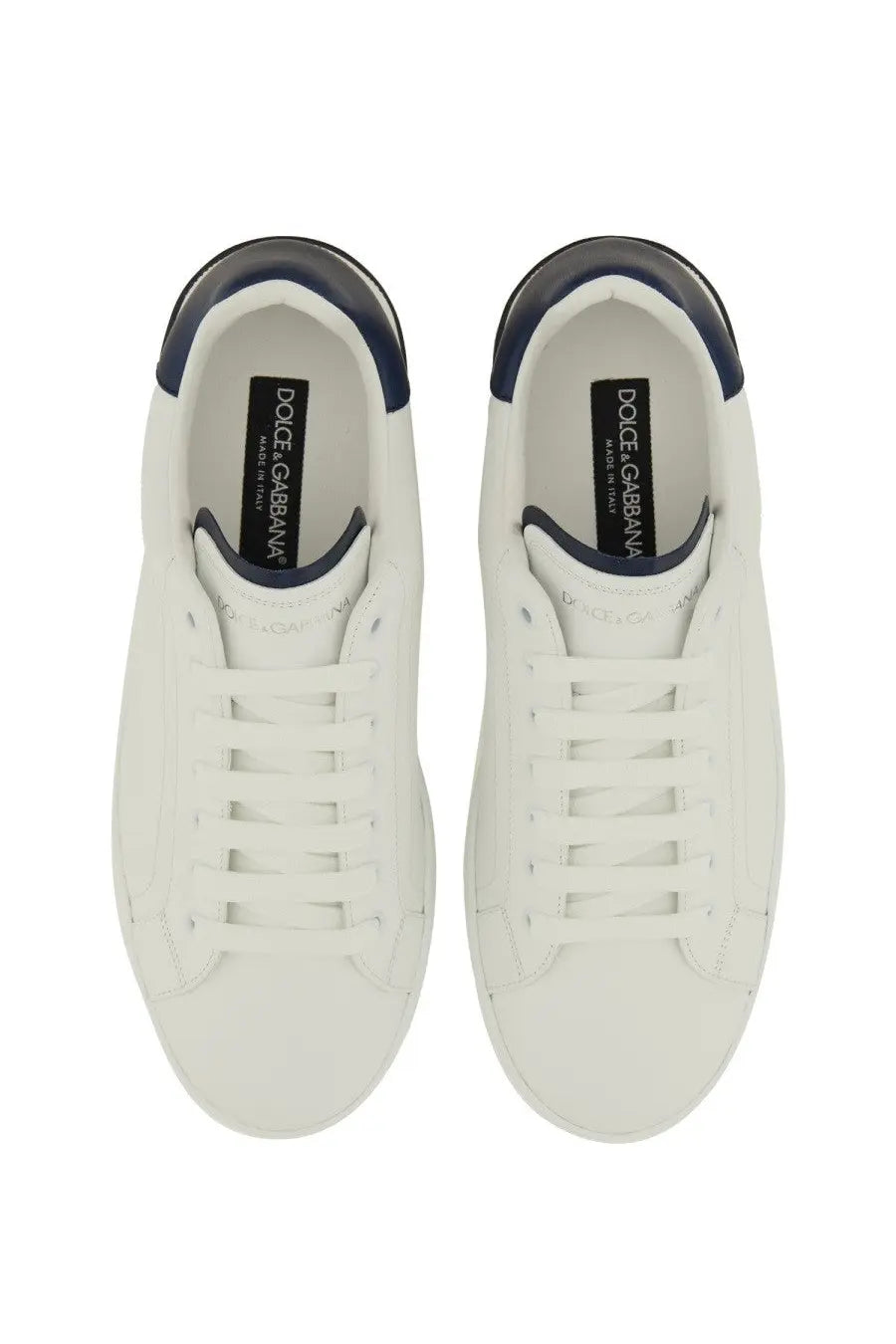 Dolce &amp; gabbana men’s portfino white leather sneakers with navy blue accents on heel and tongue