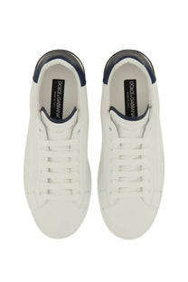 Dolce &amp; gabbana men’s portfino white leather sneakers with navy blue accents on heel and tongue