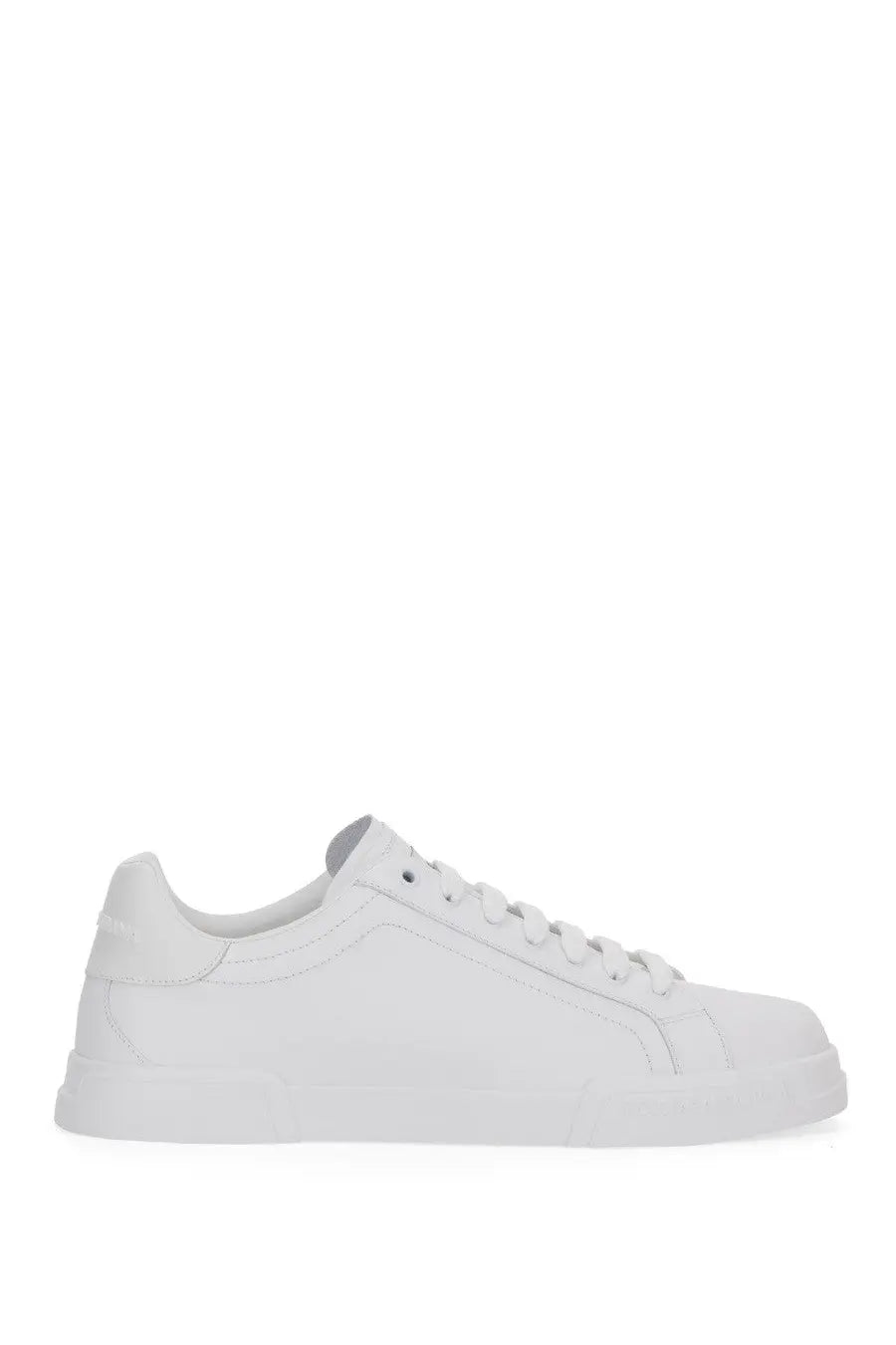 Dolce &amp; Gabbana men’s Portfino white leather low-top sneaker with clean minimalist design and matching white laces