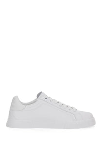 Dolce &amp; Gabbana men’s Portfino white leather low-top sneaker with clean minimalist design and matching white laces
