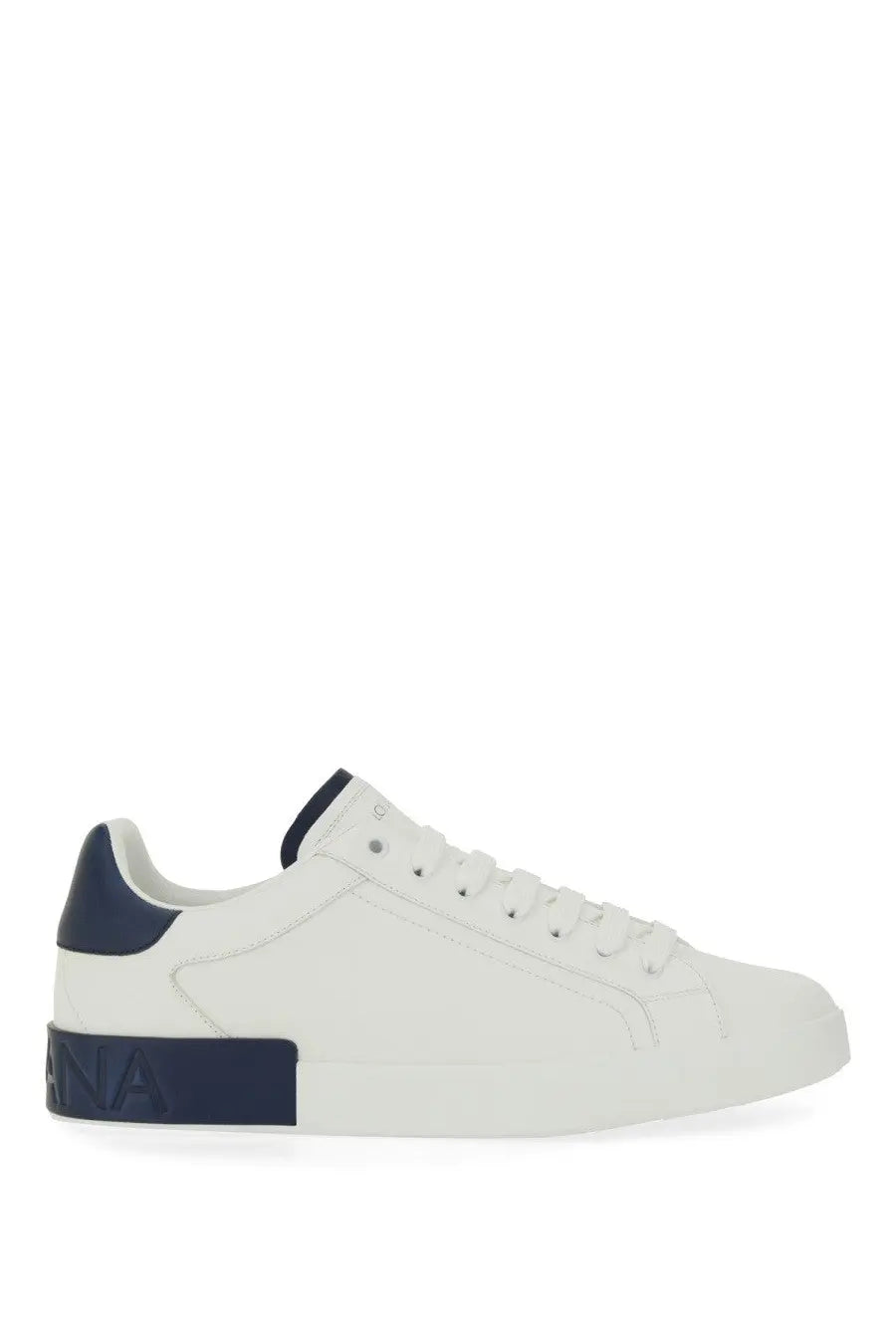 Dolce &amp; Gabbana men’s Portfino white leather low-top sneaker with navy blue heel tab and midsole branding