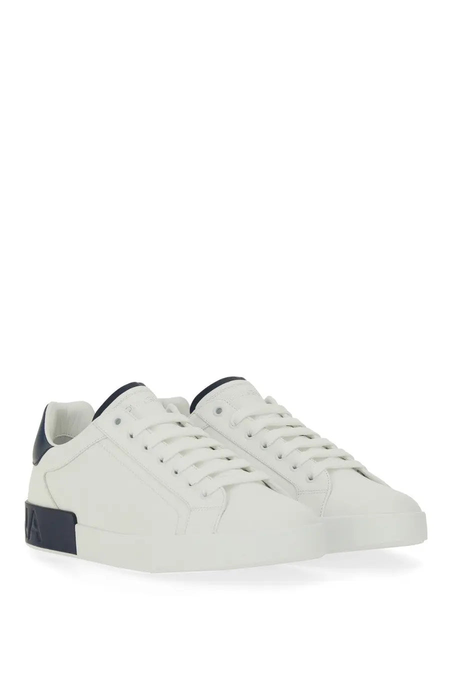 Dolce &amp; gabbana men’s portfino sneaker white leather with navy blue accents on heel and sole front view