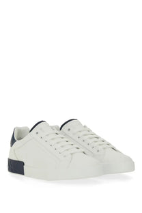 Dolce &amp; gabbana men’s portfino sneaker white leather with navy blue accents on heel and sole front view