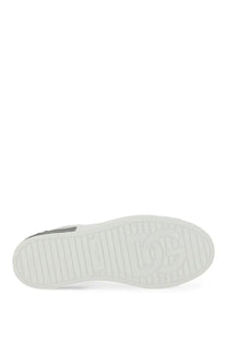 Dolce &amp; Gabbana men’s Portfino sneaker white with white rubber sole embossed dg logo and textured grip pattern