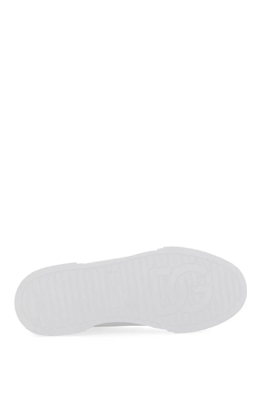 White rubber sole with embossed logo on the back of dolce and gabbana men’s portfino sneaker white