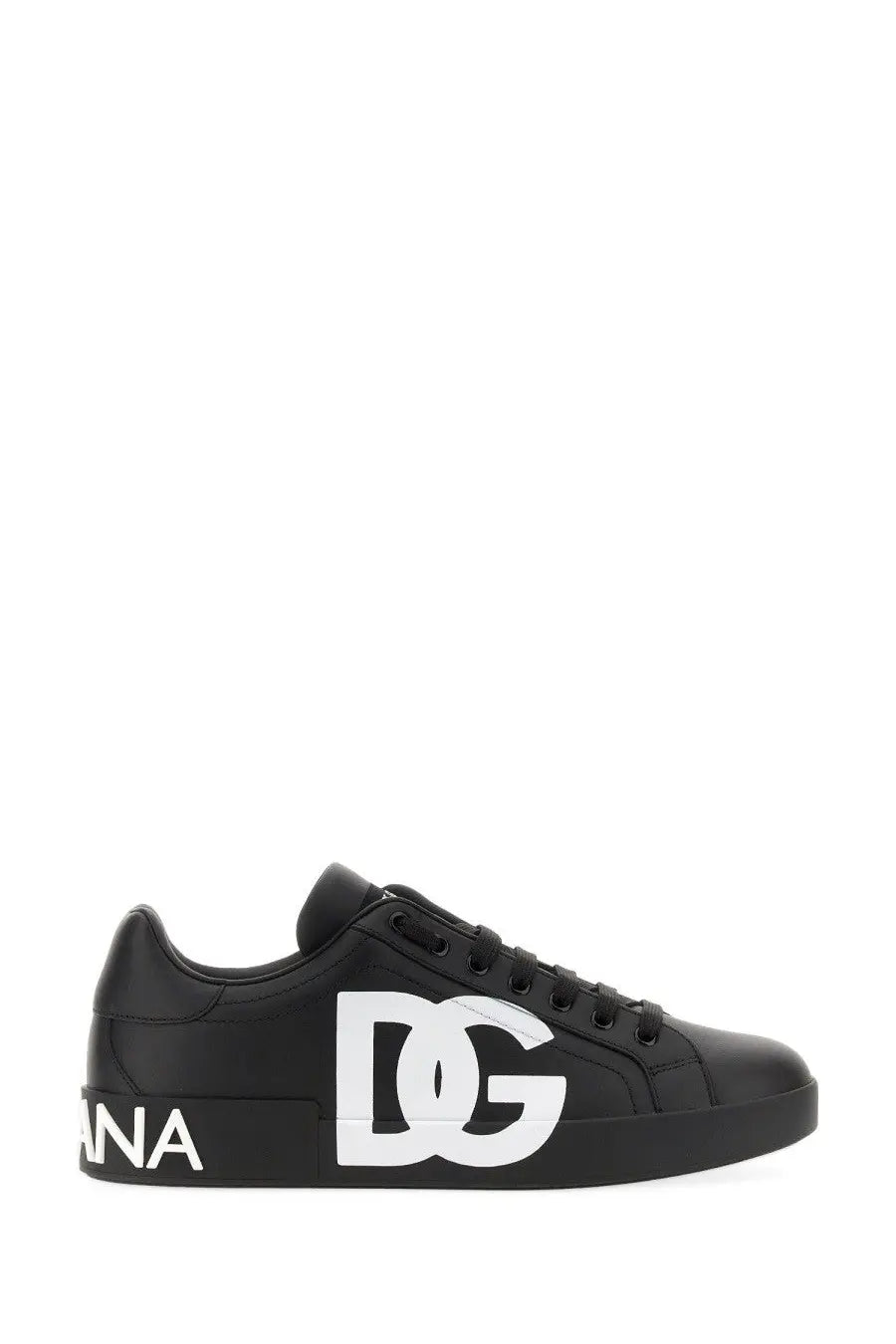 Dolce &amp; Gabbana men’s Portofino black low-top sneaker with bold white DG logo and ana branding on the side