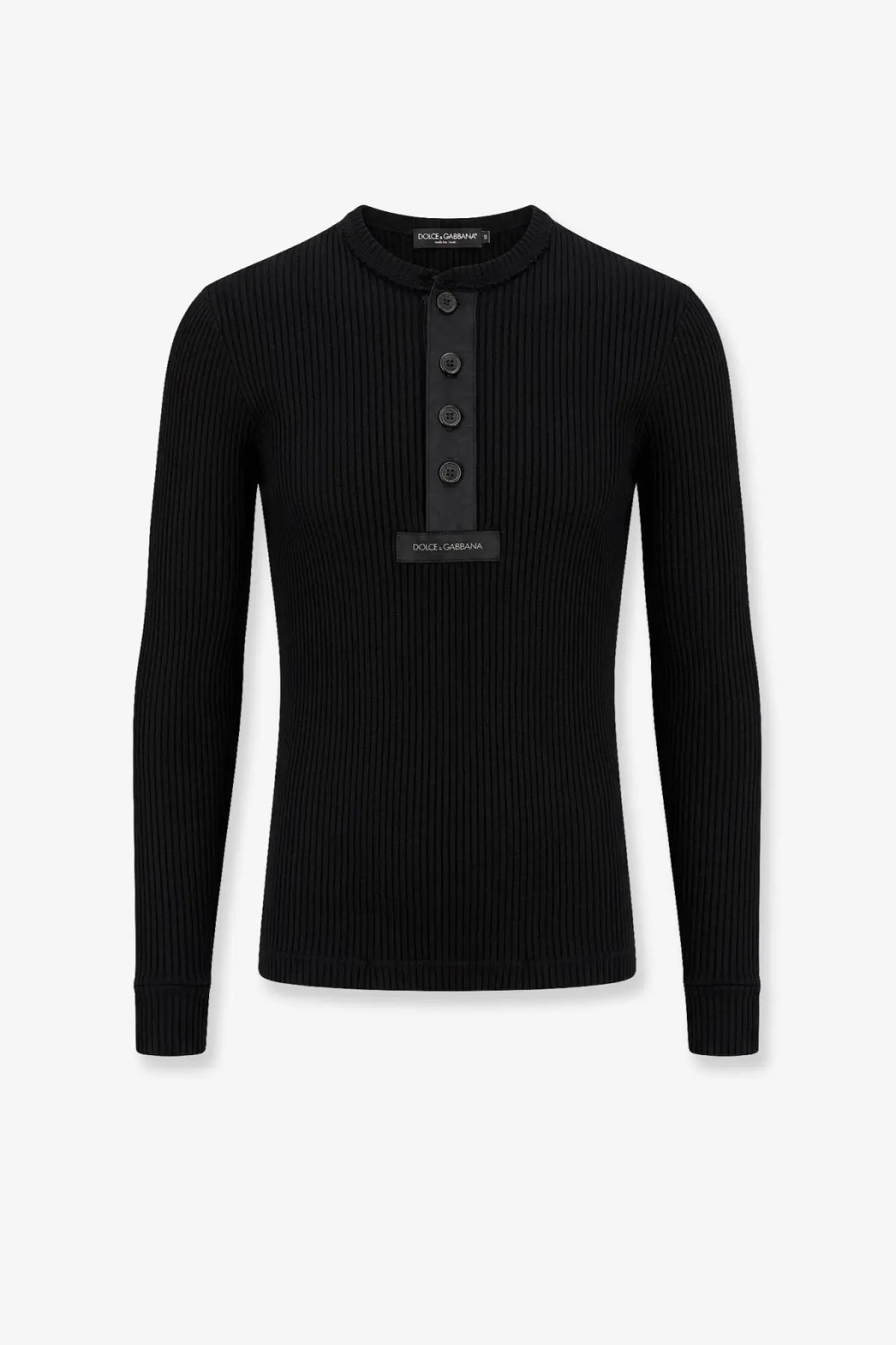 Dolce &amp; Gabbana men’s black ribbed cotton henley sweater with long sleeves black buttons and branded collar label