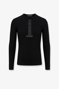 Dolce &amp; Gabbana men’s black ribbed cotton henley sweater with long sleeves black buttons and branded collar label