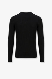 Dolce &amp; Gabbana men’s black ribbed cotton sweater with crew neck textured vertical stripes long sleeve