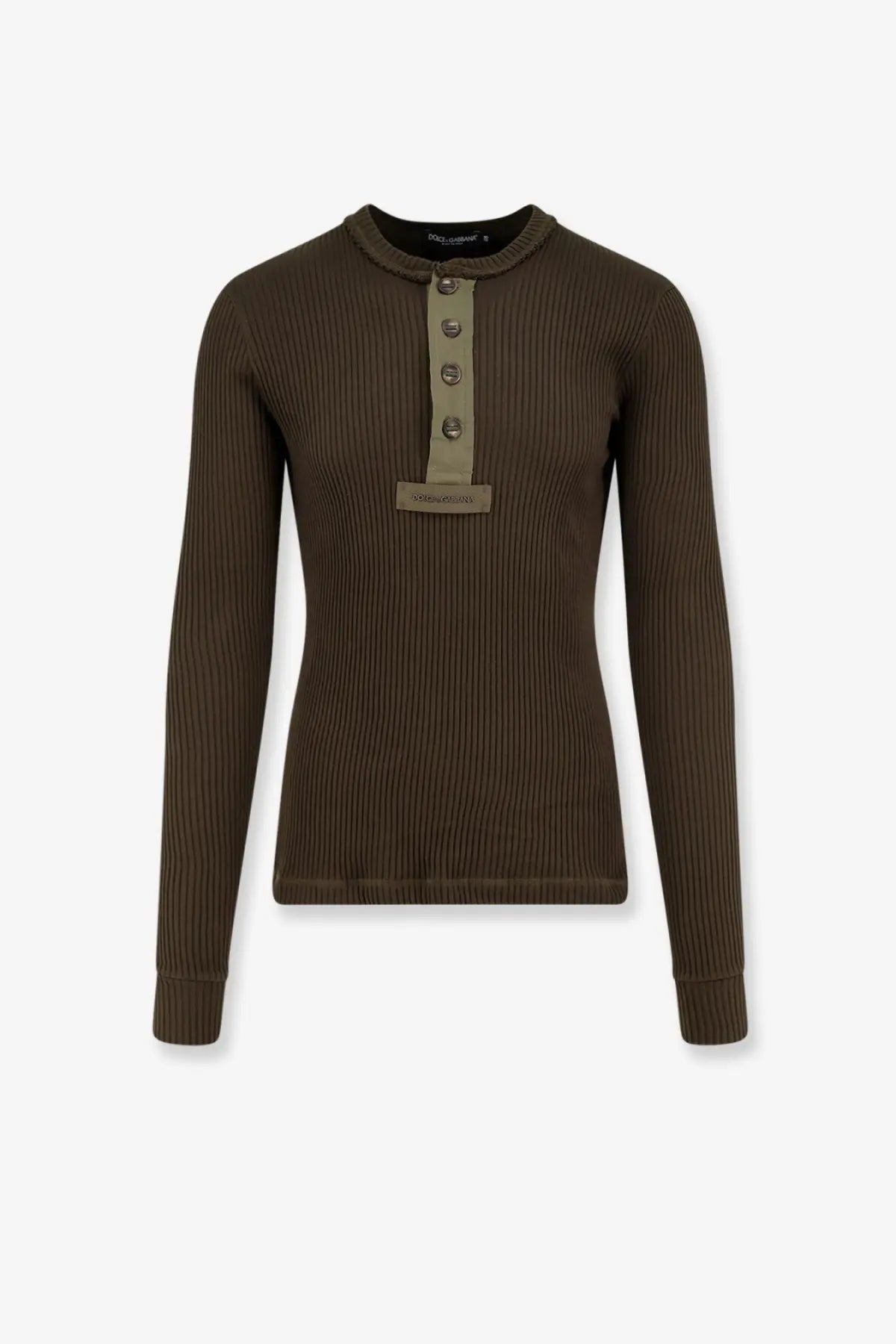 Dolce &amp; Gabbana men’s olive green ribbed cotton henley top with long sleeves four buttons and branded label at neckline