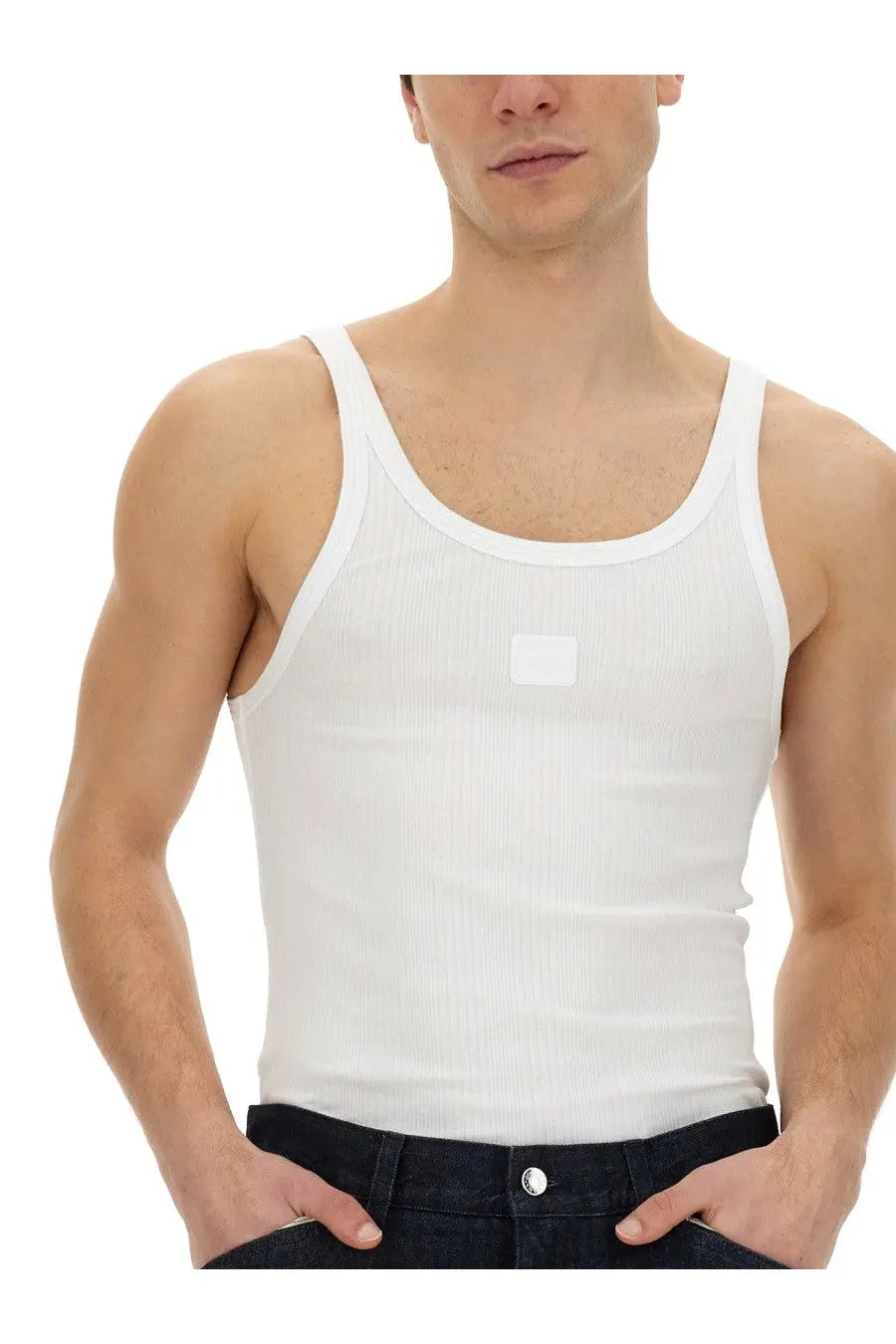 Dolce &amp; Gabbana men’s white ribbed cotton tank top with a small square patch on the chest