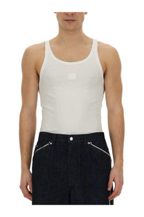 Dolce &amp; Gabbana men’s white ribbed tank top with a small square patch on the chest in soft cotton material