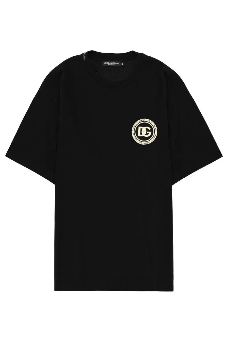 Dolce &amp; Gabbana men’s black t-shirt with cream circular logo on left chest perfect for casual wear