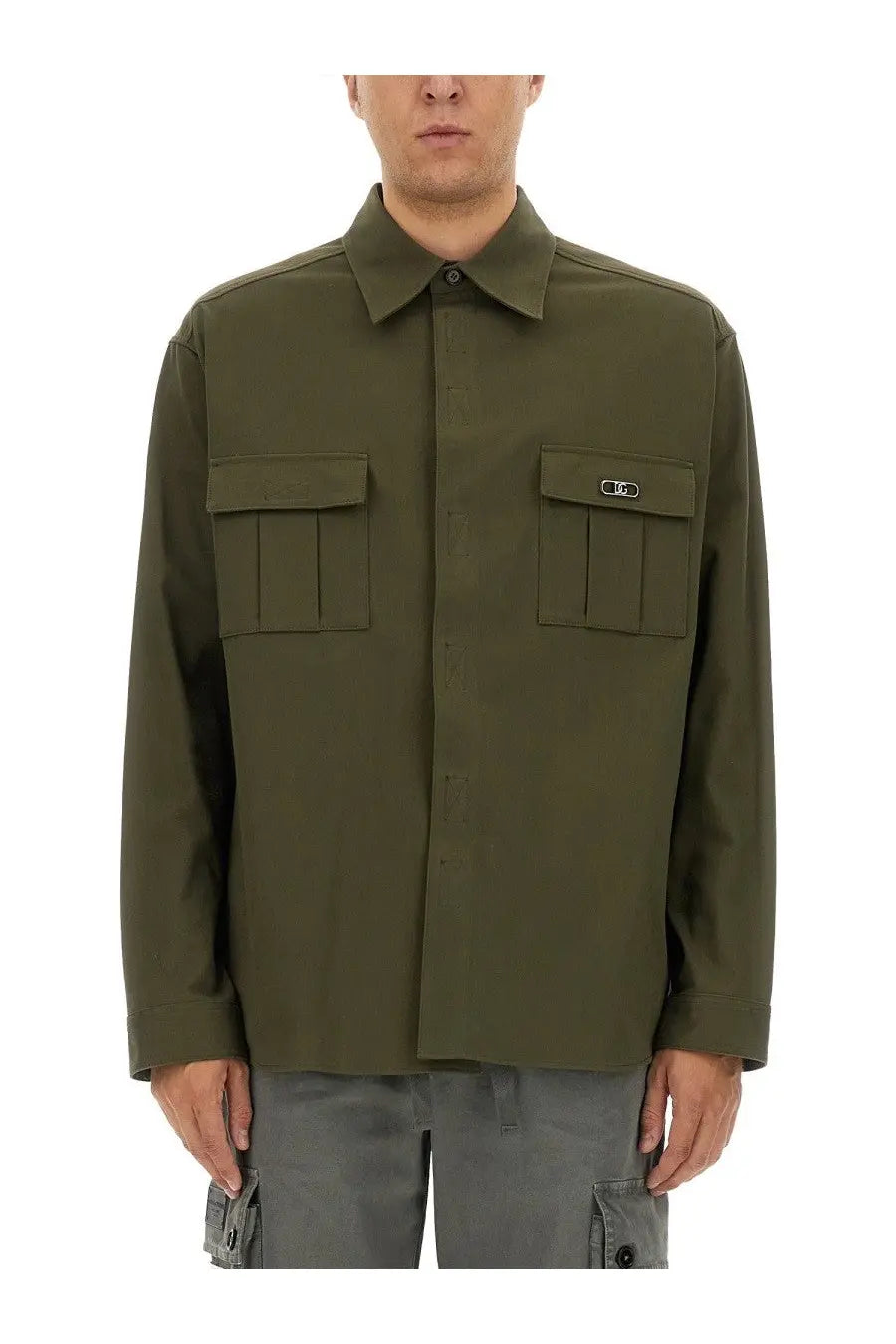 Dolce &amp; Gabbana men’s olive green utility shirt with two flap pockets and small logo patch on right chest