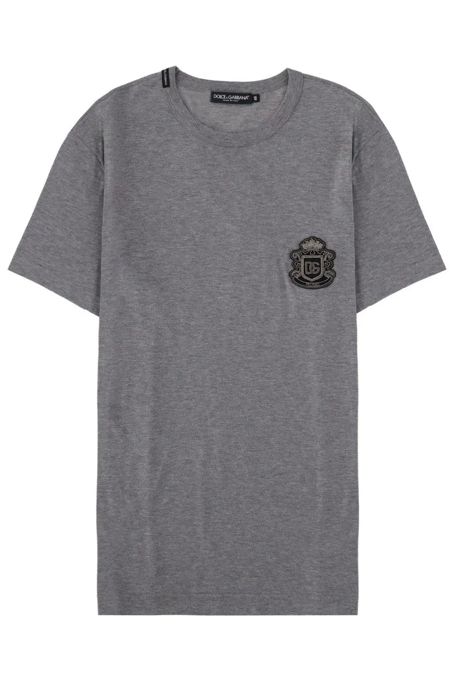 Dolce &amp; gabbana men’s grey heathered cotton t-shirt with black embroidered crest on the left chest