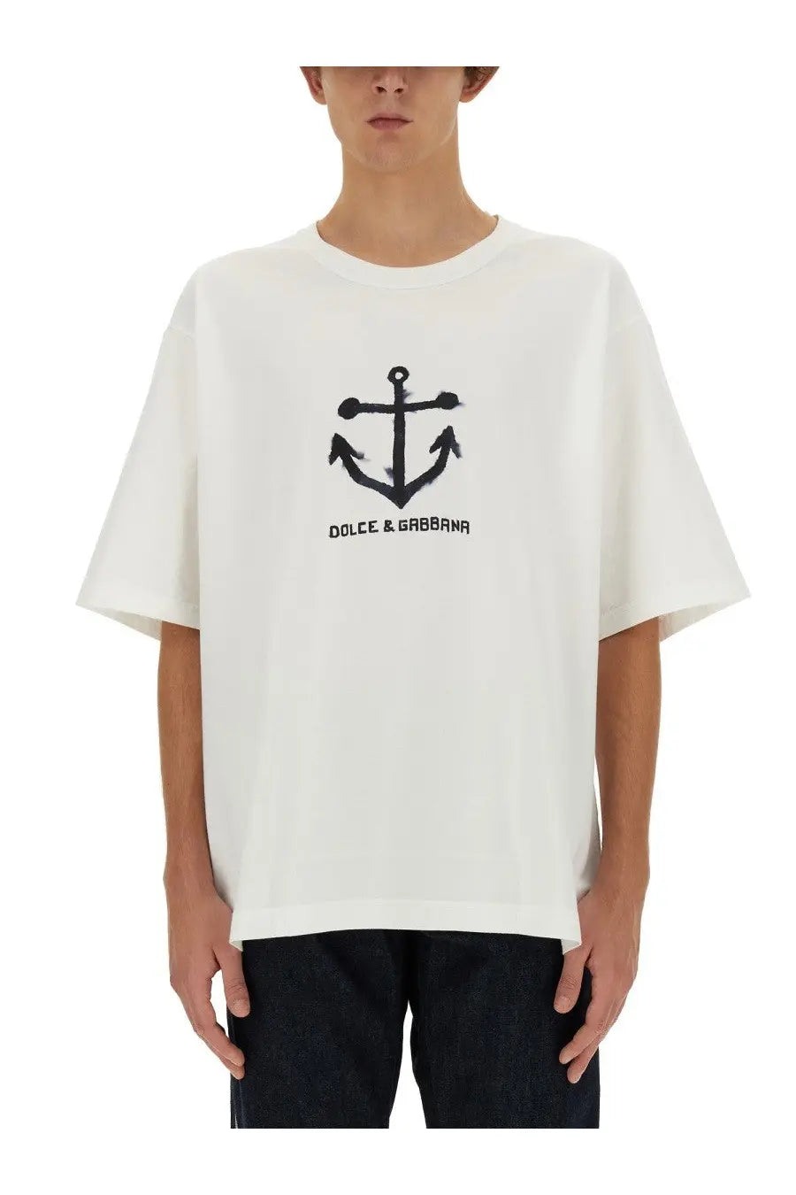 Dolce &amp; Gabbana men’s white cotton t-shirt with black anchor graphic and brand name printed below