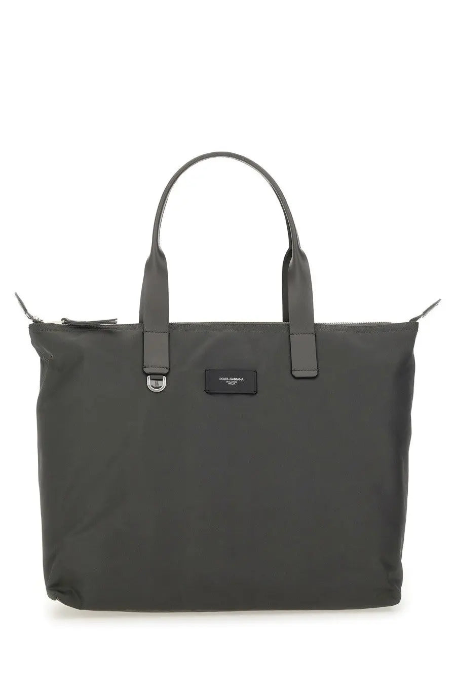 Dolce &amp; Gabbana men’s shopping tote bag adamo grey in dark gray nylon with black leather handles and minimalist logo patch