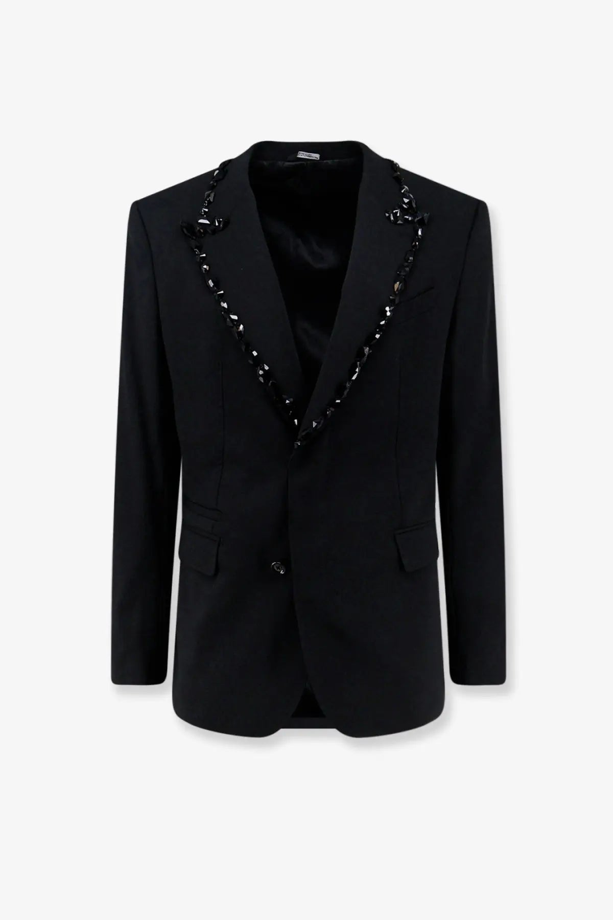 Dolce &amp; Gabbana men’s black Sicilia stretch wool blazer with chain-link trim along structured lapels