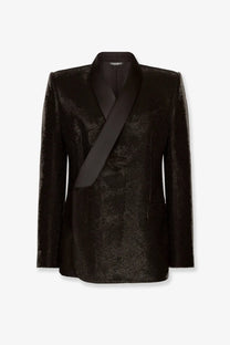 Dolce &amp; Gabbana men’s Siciliatuxedo blazer black velvet with satin lapel, subtle texture, and tailored fit