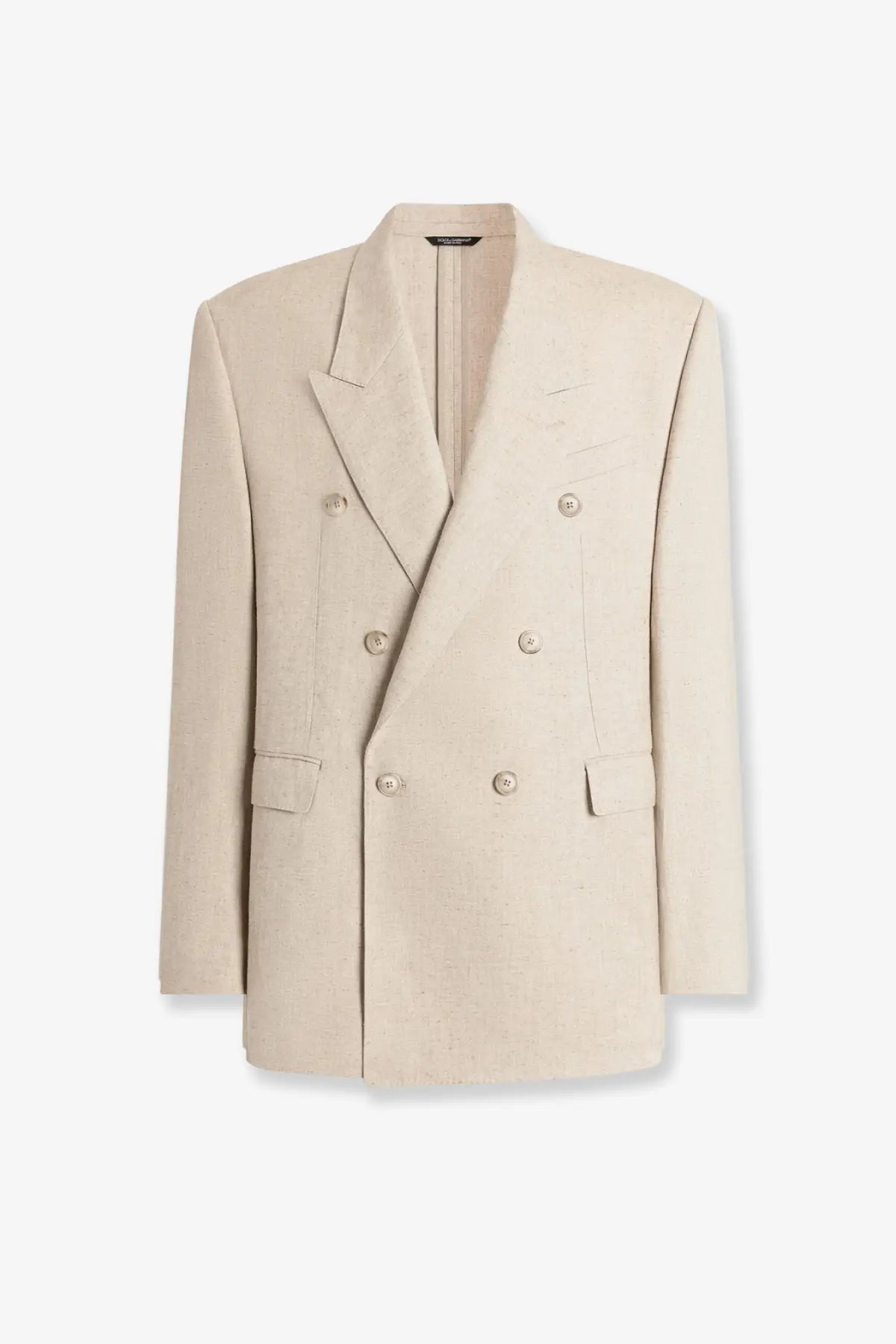 Beige dolce and gabbana men’s double-breasted silk and linen blazer with structured fit and subtle texture