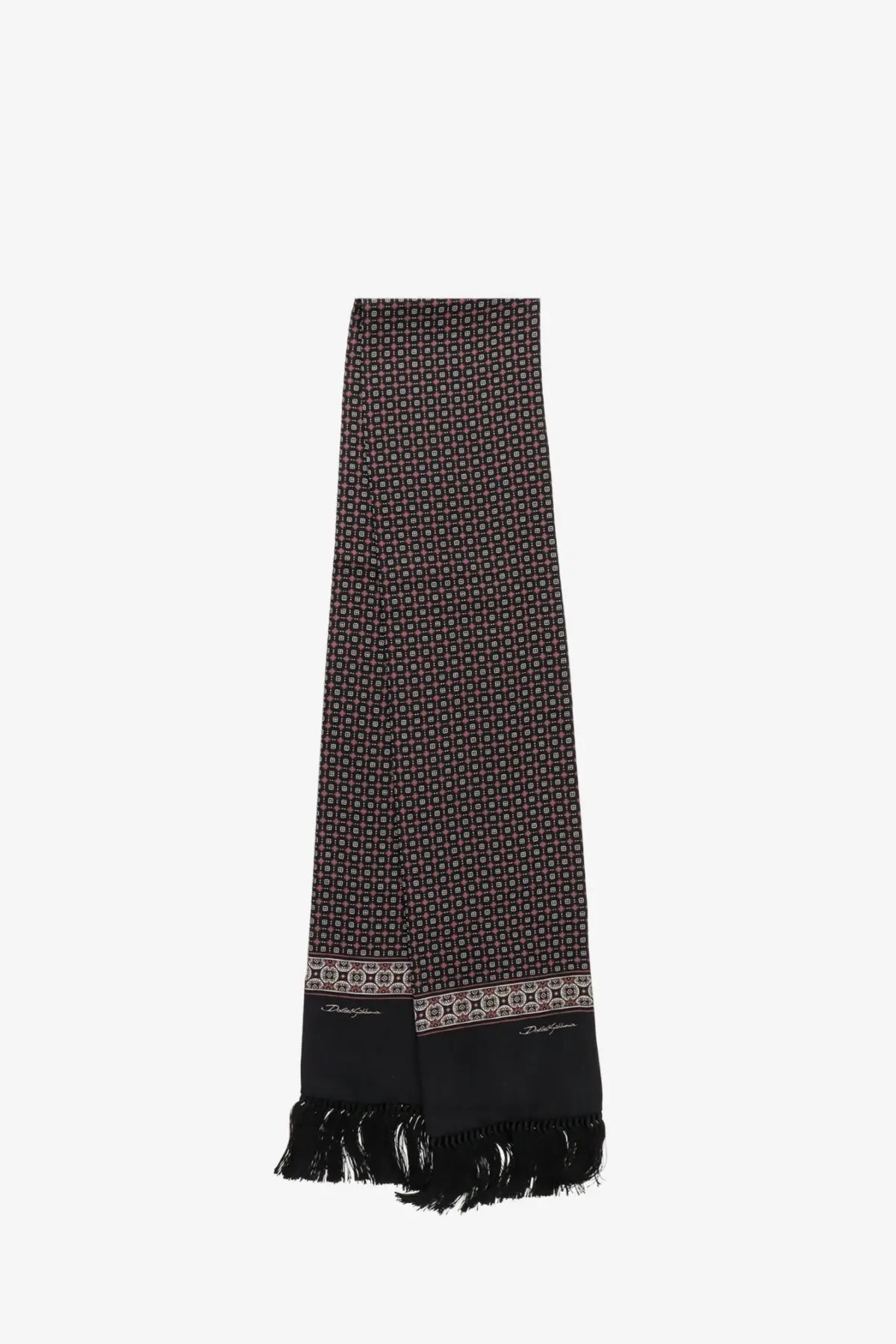 Dolce &amp; Gabbana men’s black silk scarf with subtle pink and beige geometric pattern decorative borders and fringed ends